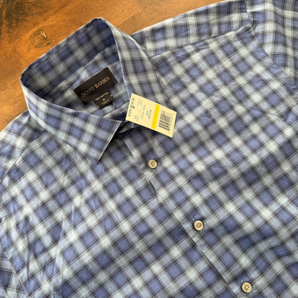 Scott Barber Shirt‎ Mens Medium Blue Plaid 100% Cotton Long Sleeve Button Up